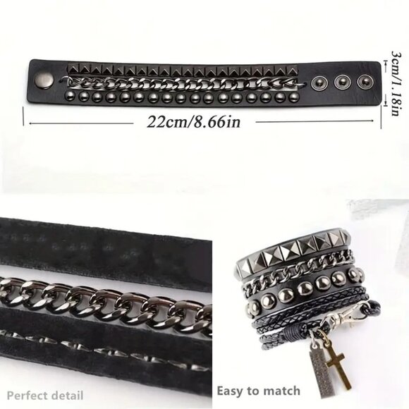 Cuff Bracelet Leather Punk Stud Chain Rivet Wrist Bangle Goth Edgy Rock Stylish - Picture 5 of 5